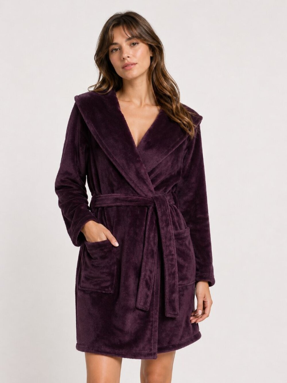 UGG Miranda Plush Belted Short Hooded Robe Port Purple XS